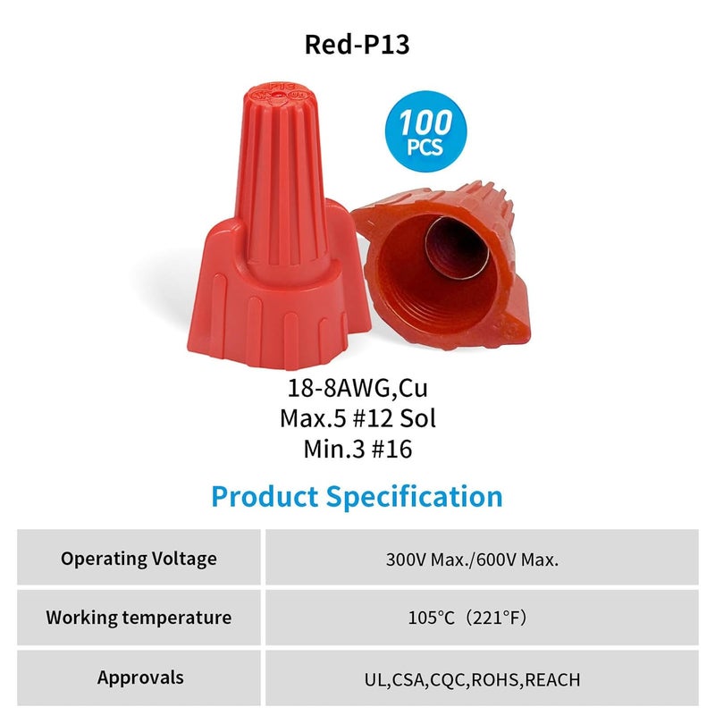 DICIO Winged Wire Connectors Nuts Easy-Twist 100 PCs, UL Listed Red Wire Cap Electrical Connectors Screw-On Electrical Connectors Kit 18-8 AWG for Connect Electrical Wiring - Image 2